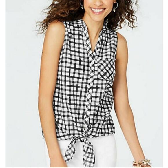 J. Jill black gingham silk cotton sleeveless button up shirt tie front Large - Picture 3 of 7